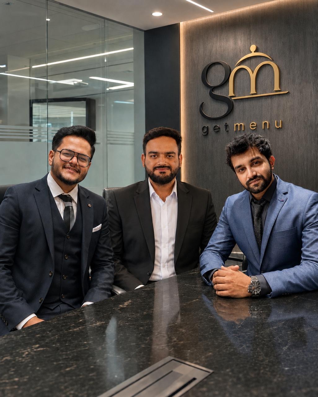 Anzul Aqeel with co-founders Tanzeel ur Rehman and Agha Shah Zaman at the Get Menu office
