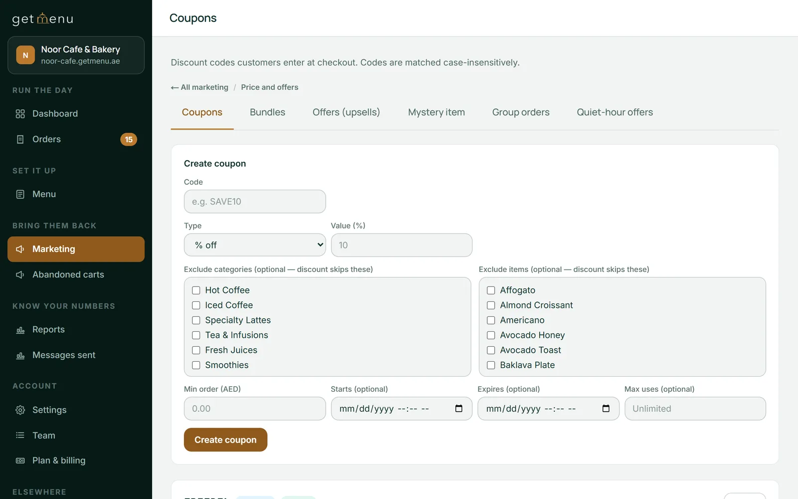 The Coupons page of the GetMenu dashboard for the demo restaurant Noor Cafe & Bakery, with Marketing selected in the left menu. Under a link back to All marketing and the words Price and offers, a row of tabs reads Coupons, Bundles, Offers (upsells), Mystery item, Group orders and Quiet-hour offers. Below the tabs is an empty Create coupon form with boxes for a code, a type, a value, categories and items to leave out, a minimum order, start and end dates and a use limit.