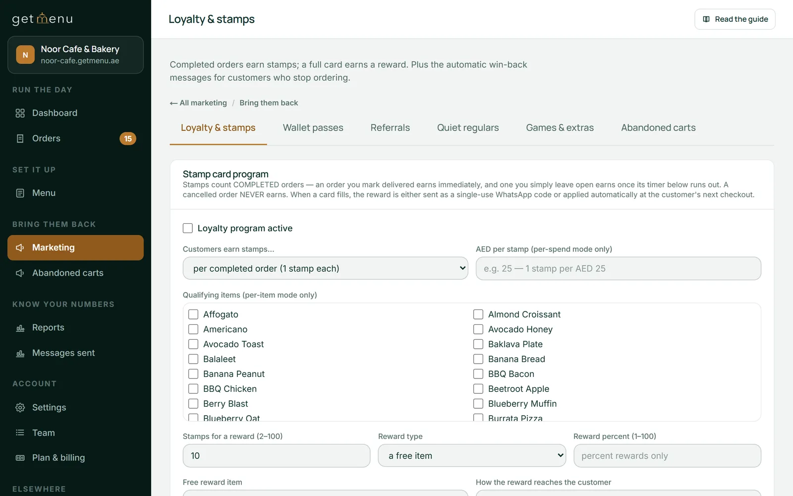 Setting up stamps and rewards in the restaurant's admin