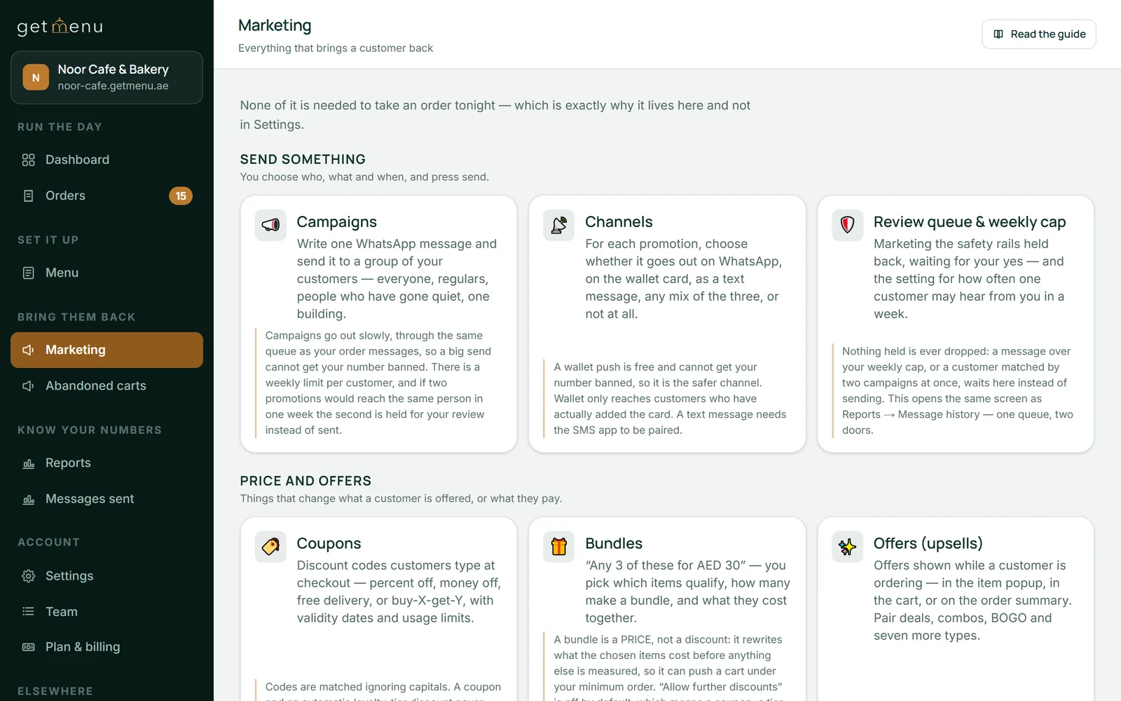 The Marketing hub in the dashboard: cards for Campaigns, Channels, Review queue and weekly cap, Coupons, Bundles and Offers (upsells)