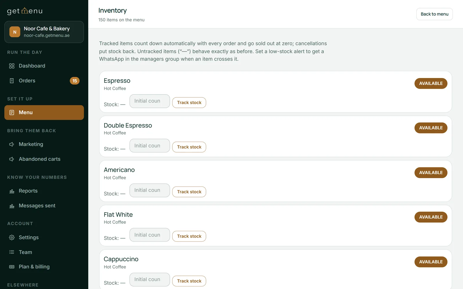 The Inventory page in the dashboard: each dish has a Track stock button and an initial count box; tracked items count down and go sold out at zero