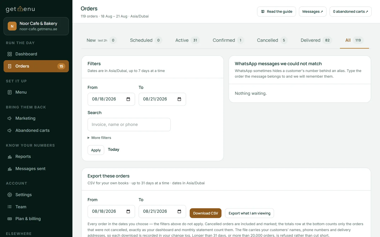 The Orders page in the dashboard: tabs for New, Scheduled, Active, Confirmed, Cancelled, Delivered and All with their counts, date filters and a CSV export